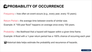 �PROBABILITY OF OCCURRENCE
Frequency – how often an event occurs (e.g., every year, every 10 years).
Return Period – the average time between events of similar size.
Example: A “100-year flood” happens on average once every 100 years.
Probability – the likelihood that a hazard will happen within a given time frame.
Example: A flood with a 1-year return period has a 100% chance of occurring each year.
�Historical data helps estimate the probability and recurrence of hazards.
 
