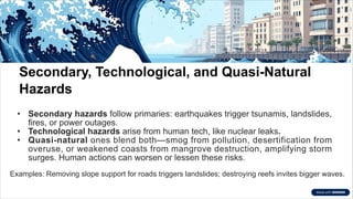 Secondary, Technological, and Quasi-Natural
Hazards
• Secondary hazards follow primaries: earthquakes trigger tsunamis, landslides,
fires, or power outages.
• Technological hazards arise from human tech, like nuclear leaks.
• Quasi-natural ones blend both—smog from pollution, desertification from
overuse, or weakened coasts from mangrove destruction, amplifying storm
surges. Human actions can worsen or lessen these risks.
Examples: Removing slope support for roads triggers landslides; destroying reefs invites bigger waves.
 