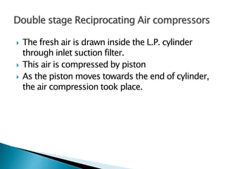  The fresh air is drawn inside the L.P. cylinder
through inlet suction filter.
 This air is compressed by piston
 As the piston moves towards the end of cylinder,
the air compression took place.
 