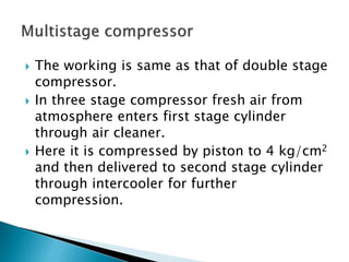  The working is same as that of double stage
compressor.
 In three stage compressor fresh air from
atmosphere enters first stage cylinder
through air cleaner.
 Here it is compressed by piston to 4 kg/cm2
and then delivered to second stage cylinder
through intercooler for further
compression.
 