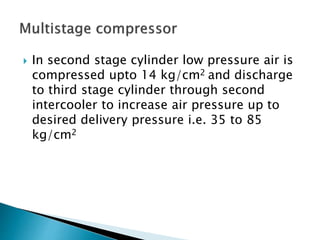  In second stage cylinder low pressure air is
compressed upto 14 kg/cm2 and discharge
to third stage cylinder through second
intercooler to increase air pressure up to
desired delivery pressure i.e. 35 to 85
kg/cm2
 