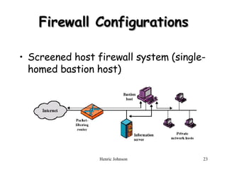 Firewall Configurations Screened host firewall system (single-homed bastion host) 