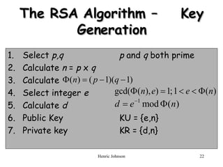 The RSA Algorithm –  Key Generation Select  p,q   p  and  q  both prime Calculate  n  =  p  x  q Calculate  Select integer  e Calculate  d Public Key KU = {e,n} Private key KR = {d,n} 