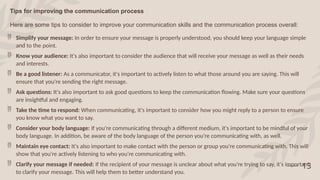 Tips for improving the communication process
Here are some tips to consider to improve your communication skills and the communication process overall:
13
 Simplify your message: In order to ensure your message is properly understood, you should keep your language simple
and to the point.
 Know your audience: It's also important to consider the audience that will receive your message as well as their needs
and interests.
 Be a good listener: As a communicator, it's important to actively listen to what those around you are saying. This will
ensure that you're sending the right message.
 Ask questions: It's also important to ask good questions to keep the communication flowing. Make sure your questions
are insightful and engaging.
 Take the time to respond: When communicating, it's important to consider how you might reply to a person to ensure
you know what you want to say.
 Consider your body language: If you're communicating through a different medium, it's important to be mindful of your
body language. In addition, be aware of the body language of the person you're communicating with, as well.
 Maintain eye contact: It's also important to make contact with the person or group you're communicating with. This will
show that you're actively listening to who you're communicating with.
 Clarify your message if needed: If the recipient of your message is unclear about what you're trying to say, it's important
to clarify your message. This will help them to better understand you.
 