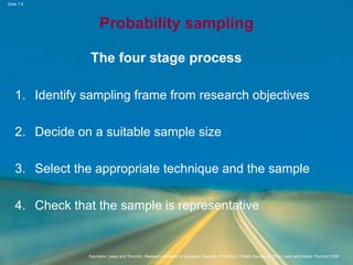 Slide 7.6
Saunders, Lewis and Thornhill, Research Methods for Business Students, 5th Edition, © Mark Saunders, Philip Lewis and Adrian Thornhill 2009
Probability sampling
The four stage process
1. Identify sampling frame from research objectives
2. Decide on a suitable sample size
3. Select the appropriate technique and the sample
4. Check that the sample is representative
 