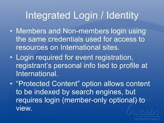 Integrated Login / Identity Members and Non-members login using the same credentials used for access to resources on International sites. Login required for event registration, registrant’s personal info tied to profile at International. “ Protected Content” option allows content to be indexed by search engines, but requires login (member-only optional) to view. 