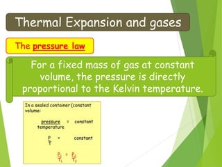 Thermal Expansion and gases
The pressure law
For a fixed mass of gas at constant
volume, the pressure is directly
proportional to the Kelvin temperature.
 