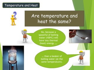 Temperature and Heat
Are temperature and
heat the same?
No, because a
spoonful of boiling
water (100oC) will
have less thermal
(heat) energy ….
… than a beaker of
boiling water (at the
same temperature).
 