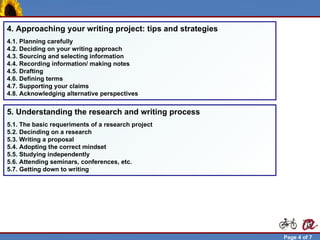 4. Approaching your writing project: tips and strategies
 4.1. Planning carefully
 4.2. Deciding on your writing approach
 4.3. Sourcing and selecting information
 4.4. Recording information/ making notes
 4.5. Drafting
 4.6. Defining terms
 4.7. Supporting your claims
 4.8. Acknowledging alternative perspectives


 5. Understanding the research and writing process
 5.1. The basic requeriments of a research project
 5.2. Decinding on a research
 5.3. Writing a proposal
 5.4. Adopting the correct mindset
 5.5. Studying independently
 5.6. Attending seminars, conferences, etc.
 5.7. Getting down to writing




Robert Brunet                                               Page 4 of 7
 
