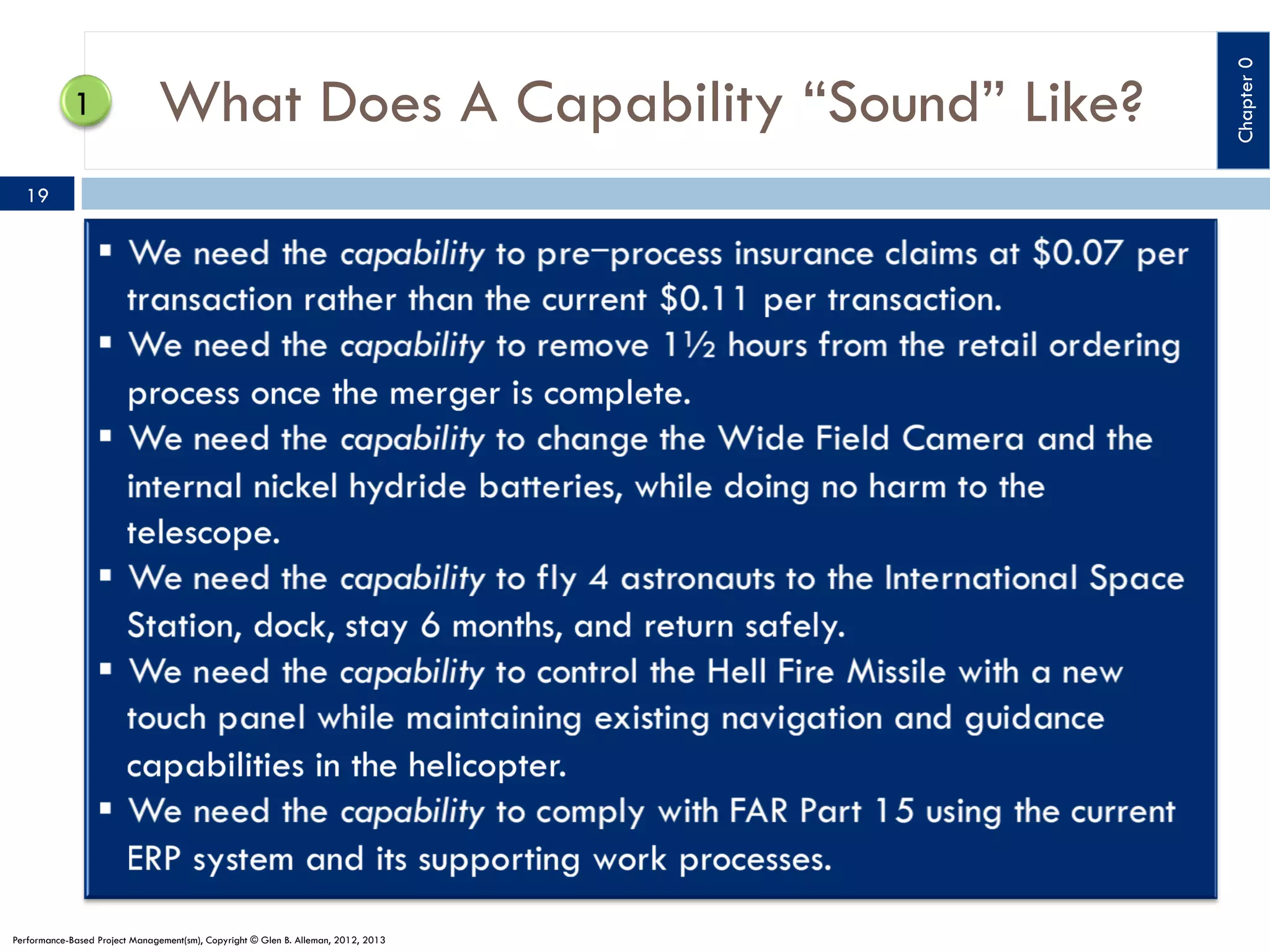 19

Performance-Based Project Management(sm), Copyright © Glen B. Alleman, 2012, 2013

Chapter 0

What Does A Capability “Sound” Like?

 