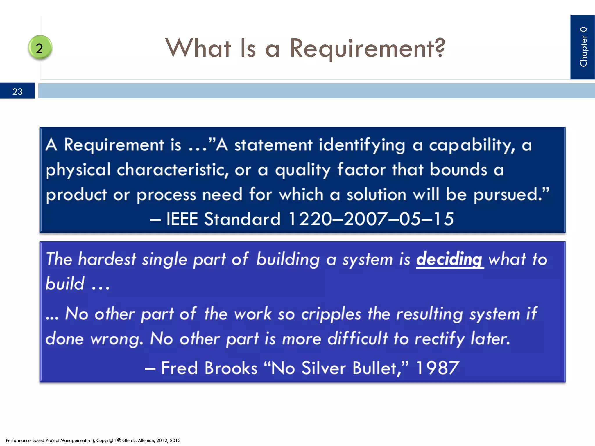 23

Performance-Based Project Management(sm), Copyright © Glen B. Alleman, 2012, 2013

Chapter 0

What Is a Requirement?

 