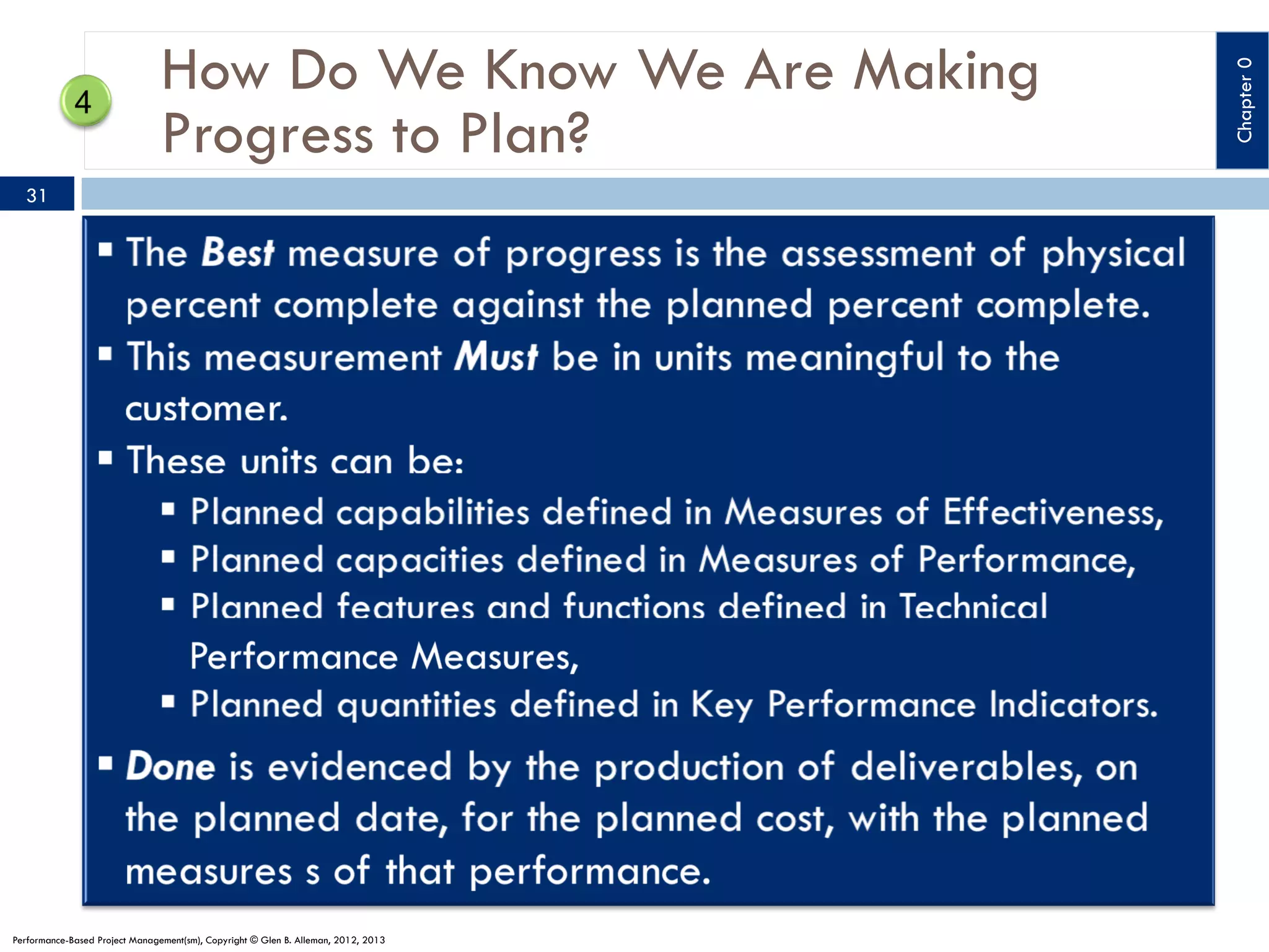 31

Performance-Based Project Management(sm), Copyright © Glen B. Alleman, 2012, 2013

Chapter 0

How Do We Know We Are Making
Progress to Plan?

 