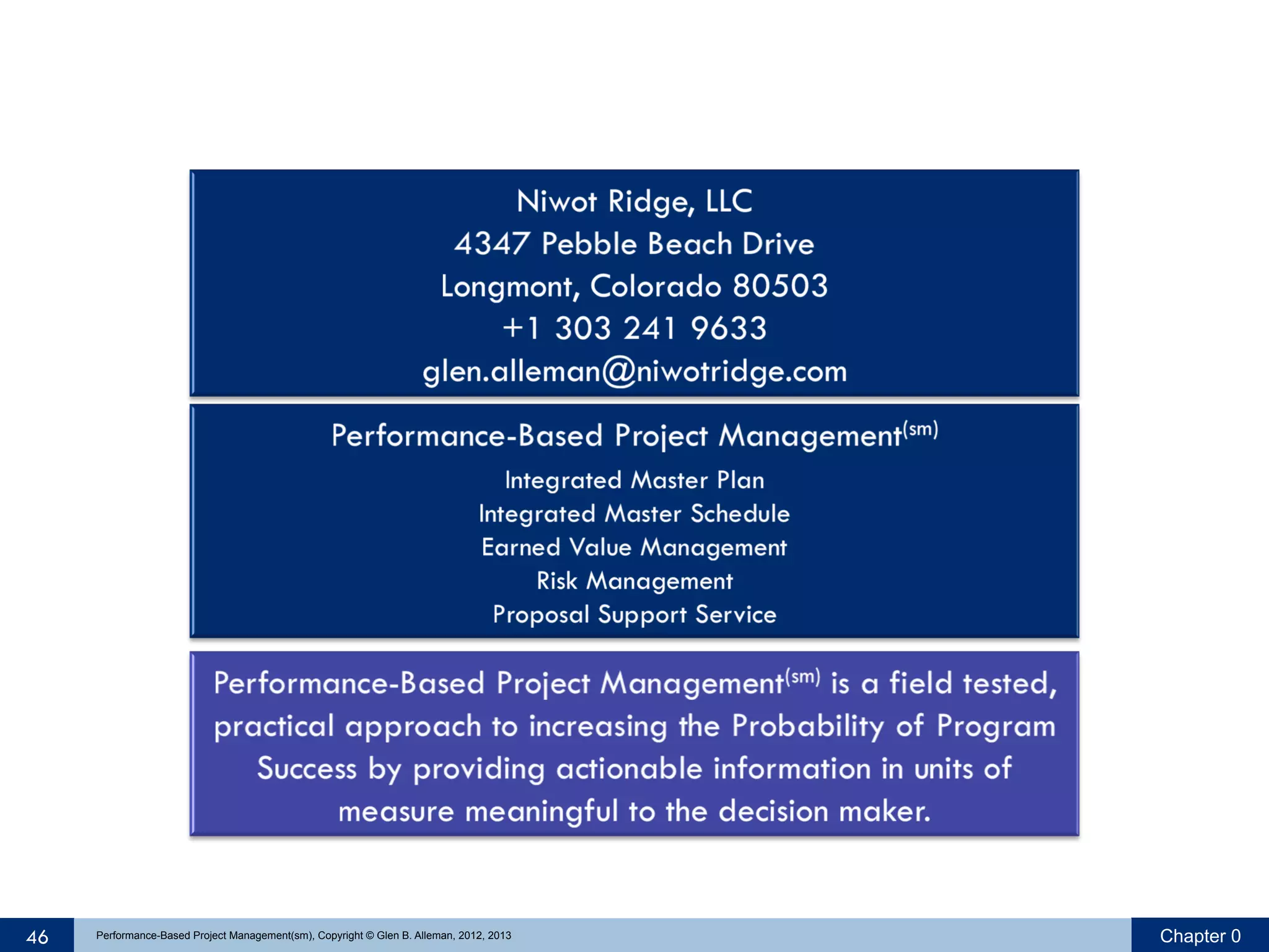 46

Performance-Based Project Management(sm), Copyright © Glen B. Alleman, 2012, 2013

Chapter 0

 