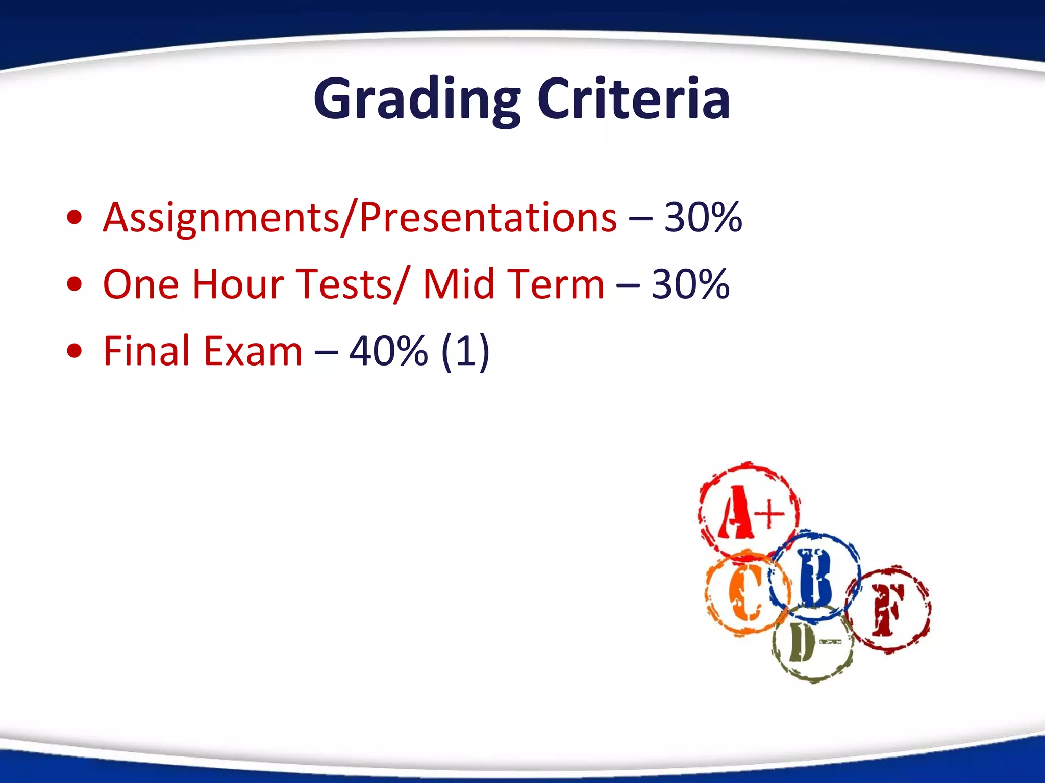 Grading Criteria
• Assignments/Presentations – 30%
• One Hour Tests/ Mid Term – 30%
• Final Exam – 40% (1)
 