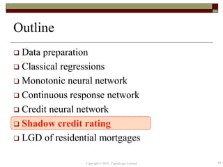 Outline
 Data preparation
 Classical regressions
 Monotonic neural network
 Continuous response network
 Credit neural network
 Shadow credit rating
 LGD of residential mortgages
54Copyright © 2019 CapitaLogic Limited
 