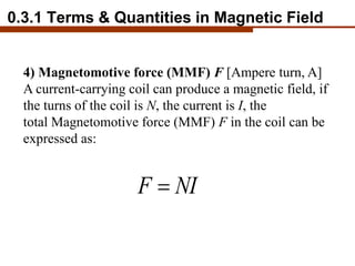4) Magnetomotive force (MMF) F [Ampere turn, A]
A current-carrying coil can produce a magnetic field, if
the turns of the ...