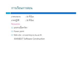 การเรียนการสอน
5
ภาคบรรยาย : 30 ชั่วโมง
ภาคปฏิบัติ : 30 ชั่วโมง
Resources
 เอกสารเนื้อหาวิชา
 Power point
 Web site : e-Learning.csc.ku.ac.th
01418217 Software Construction
ภาคบรรยาย : 30 ชั่วโมง
ภาคปฏิบัติ : 30 ชั่วโมง
Resources
 เอกสารเนื้อหาวิชา
 Power point
 Web site : e-Learning.csc.ku.ac.th
01418217 Software Construction
 