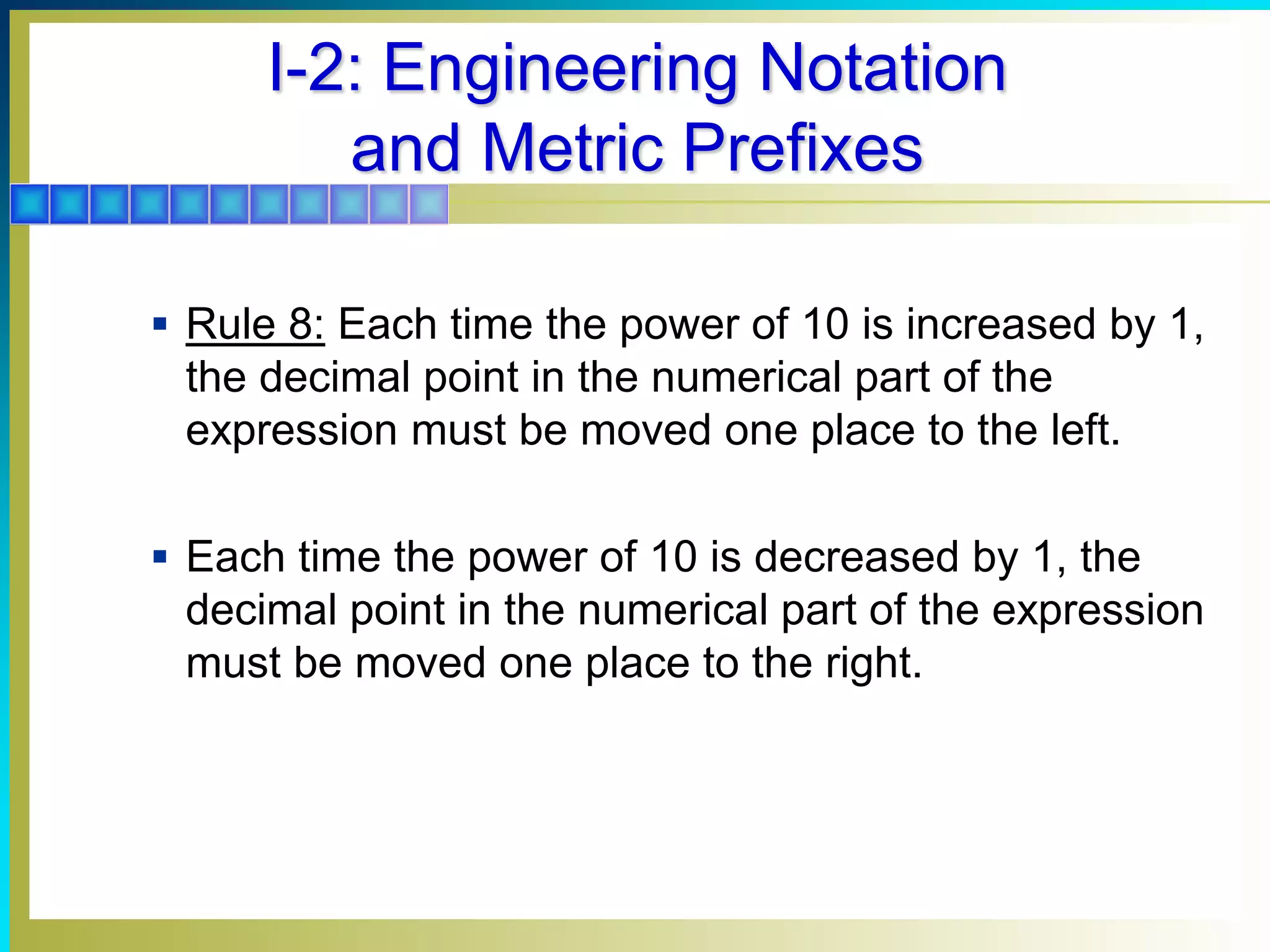 I-2: Engineering Notation
and Metric Prefixes
 Rule 8: Each time the power of 10 is increased by 1,
the decimal point in the numerical part of the
expression must be moved one place to the left.
 Each time the power of 10 is decreased by 1, the
decimal point in the numerical part of the expression
must be moved one place to the right.
 