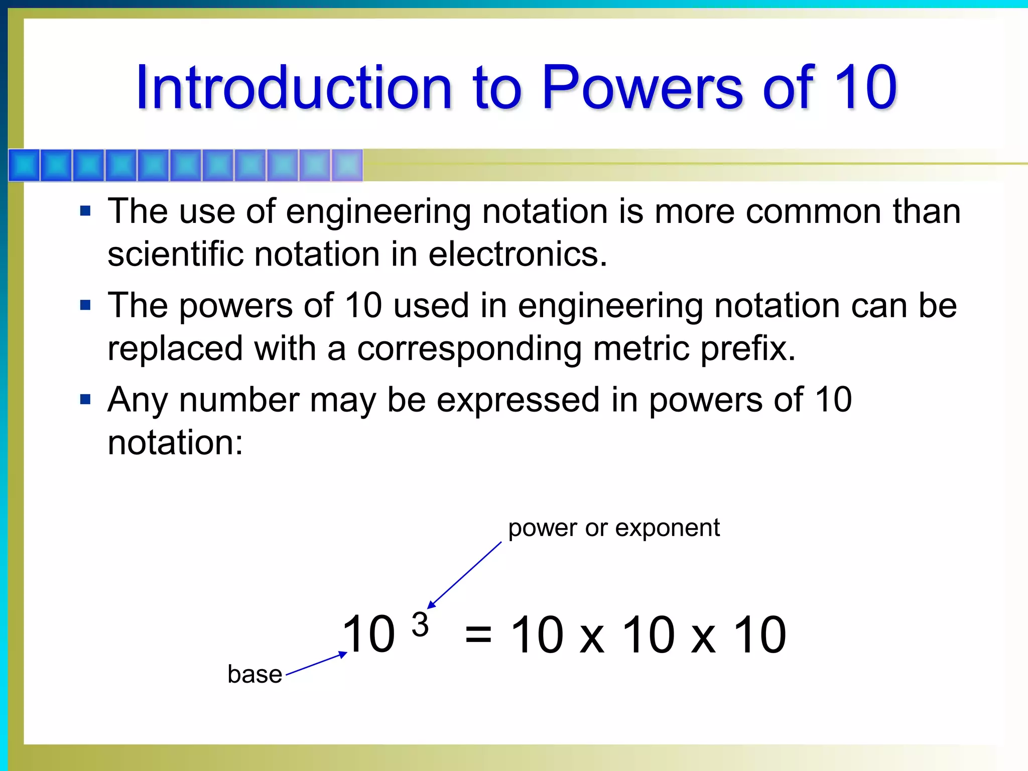Introduction to Powers of 10
 The use of engineering notation is more common than
scientific notation in electronics.
 The powers of 10 used in engineering notation can be
replaced with a corresponding metric prefix.
 Any number may be expressed in powers of 10
notation:
= 10 x 10 x 10
10 3
power or exponent
base
 