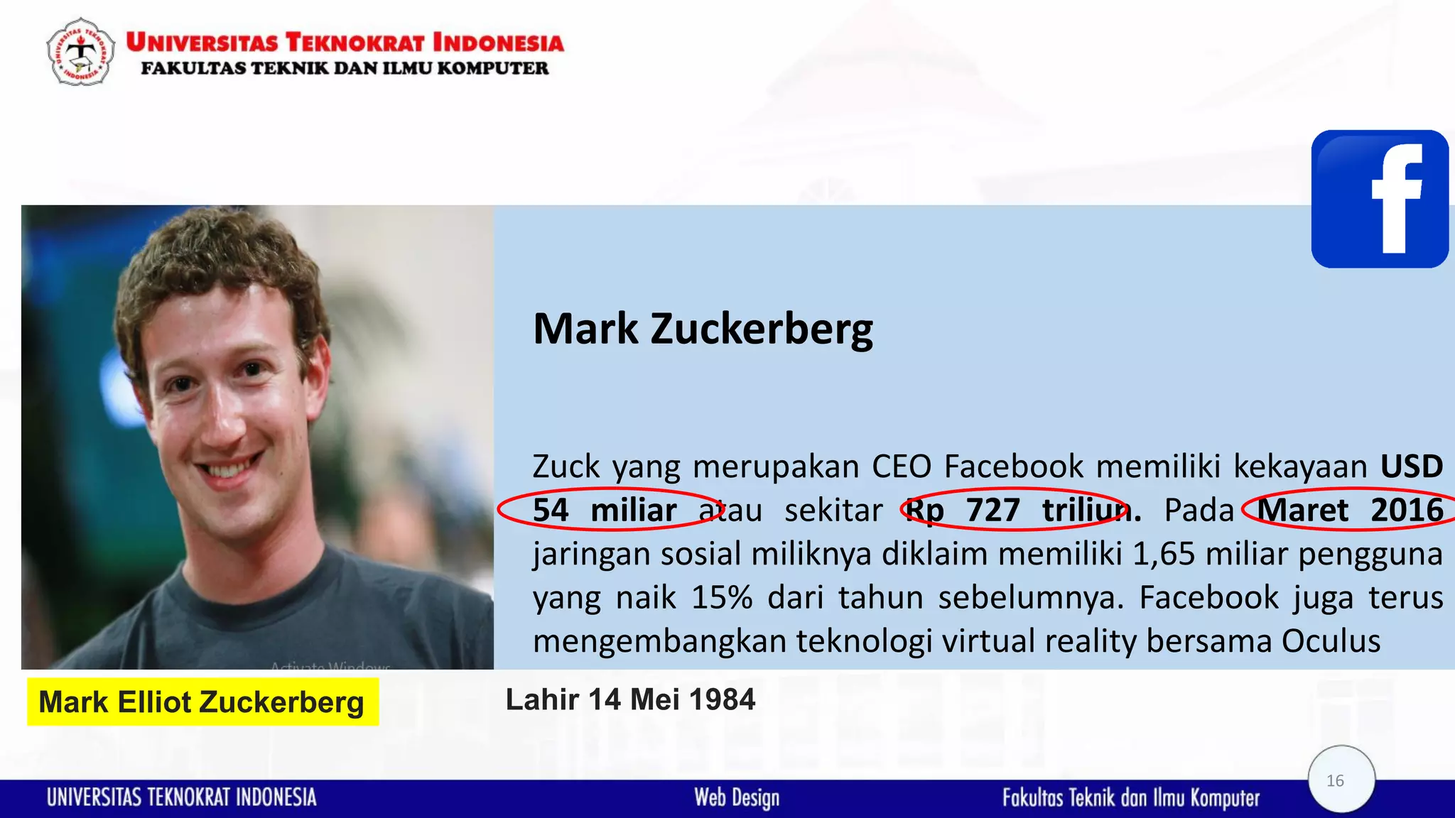 Mark Zuckerberg Zuck yang merupakan CEO Facebook memiliki kekayaan USD 54 miliar atau sekitar Rp 727 triliun. Pada Maret 2016 jaringan sosial miliknya diklaim memiliki 1,65 miliar pengguna yang naik 15% dari tahun sebelumnya. Facebook juga terus mengembangkan teknologi virtual reality bersama Oculus Lahir 14 Mei 1984 Mark Elliot Zuckerberg 16 