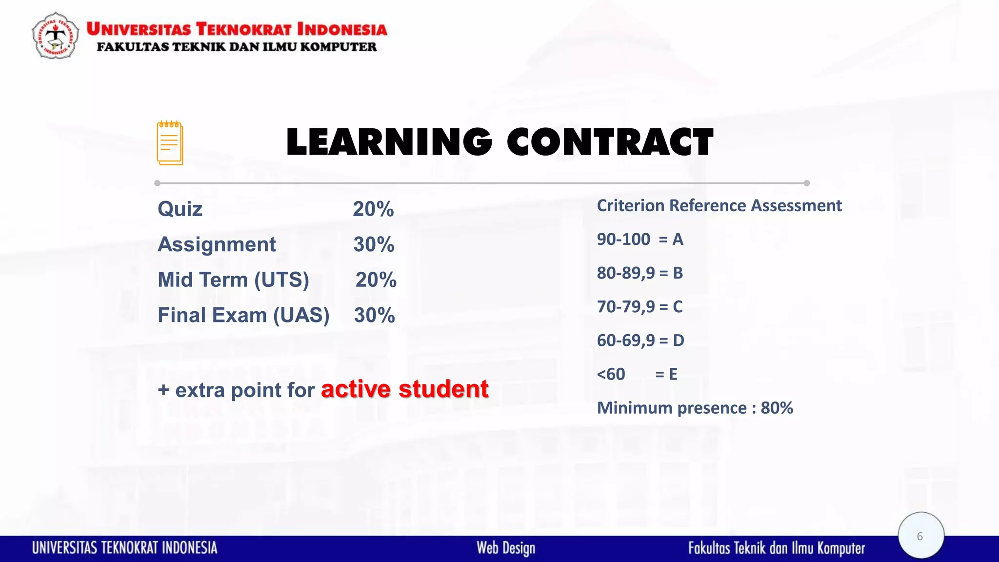 LEARNING CONTRACT Quiz 20% Assignment 30% Mid Term (UTS) 20% Final Exam (UAS) 30% + extra point for active student Criterion Reference Assessment 90-100 = A 80-89,9 = B 70-79,9 = C 60-69,9 = D <60 = E Minimum presence : 80% 6 