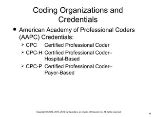 Copyright © 2014, 2013, 2012 by Saunders, an imprint of Elsevier Inc. All rights reserved.
14
Coding Organizations and
Credentials
 American Academy of Professional Coders
(AAPC) Credentials:
 CPC Certified Professional Coder
 CPC-H Certified Professional Coder–
Hospital-Based
 CPC-P Certified Professional Coder–
Payer-Based
 