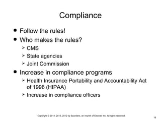 Copyright © 2014, 2013, 2012 by Saunders, an imprint of Elsevier Inc. All rights reserved.
19
Compliance
 Follow the rules!
 Who makes the rules?
 CMS
 State agencies
 Joint Commission
 Increase in compliance programs
 Health Insurance Portability and Accountability Act
of 1996 (HIPAA)
 Increase in compliance officers
 