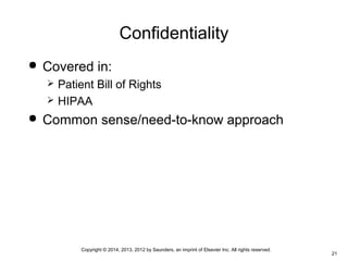 Copyright © 2014, 2013, 2012 by Saunders, an imprint of Elsevier Inc. All rights reserved.
21
Confidentiality
 Covered in:
 Patient Bill of Rights
 HIPAA
 Common sense/need-to-know approach
 