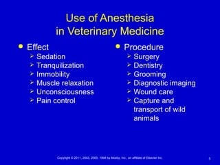 5Copyright © 2011, 2003, 2000, 1994 by Mosby, Inc., an affiliate of Elsevier Inc.
Use of Anesthesia
in Veterinary Medicine
 Effect
 Sedation
 Tranquilization
 Immobility
 Muscle relaxation
 Unconsciousness
 Pain control
 Procedure
 Surgery
 Dentistry
 Grooming
 Diagnostic imaging
 Wound care
 Capture and
transport of wild
animals
 