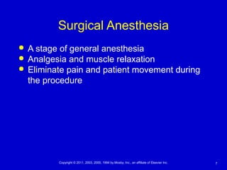 7Copyright © 2011, 2003, 2000, 1994 by Mosby, Inc., an affiliate of Elsevier Inc.
Surgical Anesthesia
 A stage of general anesthesia
 Analgesia and muscle relaxation
 Eliminate pain and patient movement during
the procedure
 