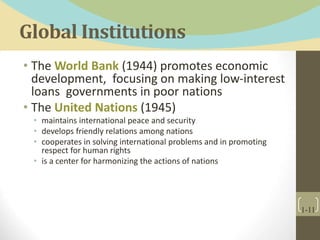 Global Institutions
• The World Bank (1944) promotes economic
development, focusing on making low-interest
loans governments in poor nations
• The United Nations (1945)
• maintains international peace and security
• develops friendly relations among nations
• cooperates in solving international problems and in promoting
respect for human rights
• is a center for harmonizing the actions of nations
1-11
 