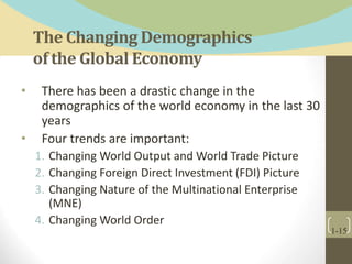 The Changing Demographics
of the Global Economy
• There has been a drastic change in the
demographics of the world economy in the last 30
years
• Four trends are important:
1. Changing World Output and World Trade Picture
2. Changing Foreign Direct Investment (FDI) Picture
3. Changing Nature of the Multinational Enterprise
(MNE)
4. Changing World Order
1-15
 