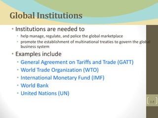 Global Institutions
• Institutions are needed to
• help manage, regulate, and police the global marketplace
• promote the establishment of multinational treaties to govern the global
business system
• Examples include
• General Agreement on Tariffs and Trade (GATT)
• World Trade Organization (WTO)
• International Monetary Fund (IMF)
• World Bank
• United Nations (UN)
1-5
 