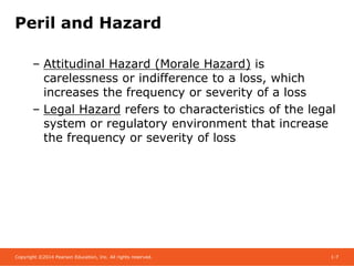 Copyright ©2014 Pearson Education, Inc. All rights reserved. 1-7
Peril and Hazard
– Attitudinal Hazard (Morale Hazard) is
carelessness or indifference to a loss, which
increases the frequency or severity of a loss
– Legal Hazard refers to characteristics of the legal
system or regulatory environment that increase
the frequency or severity of loss
 