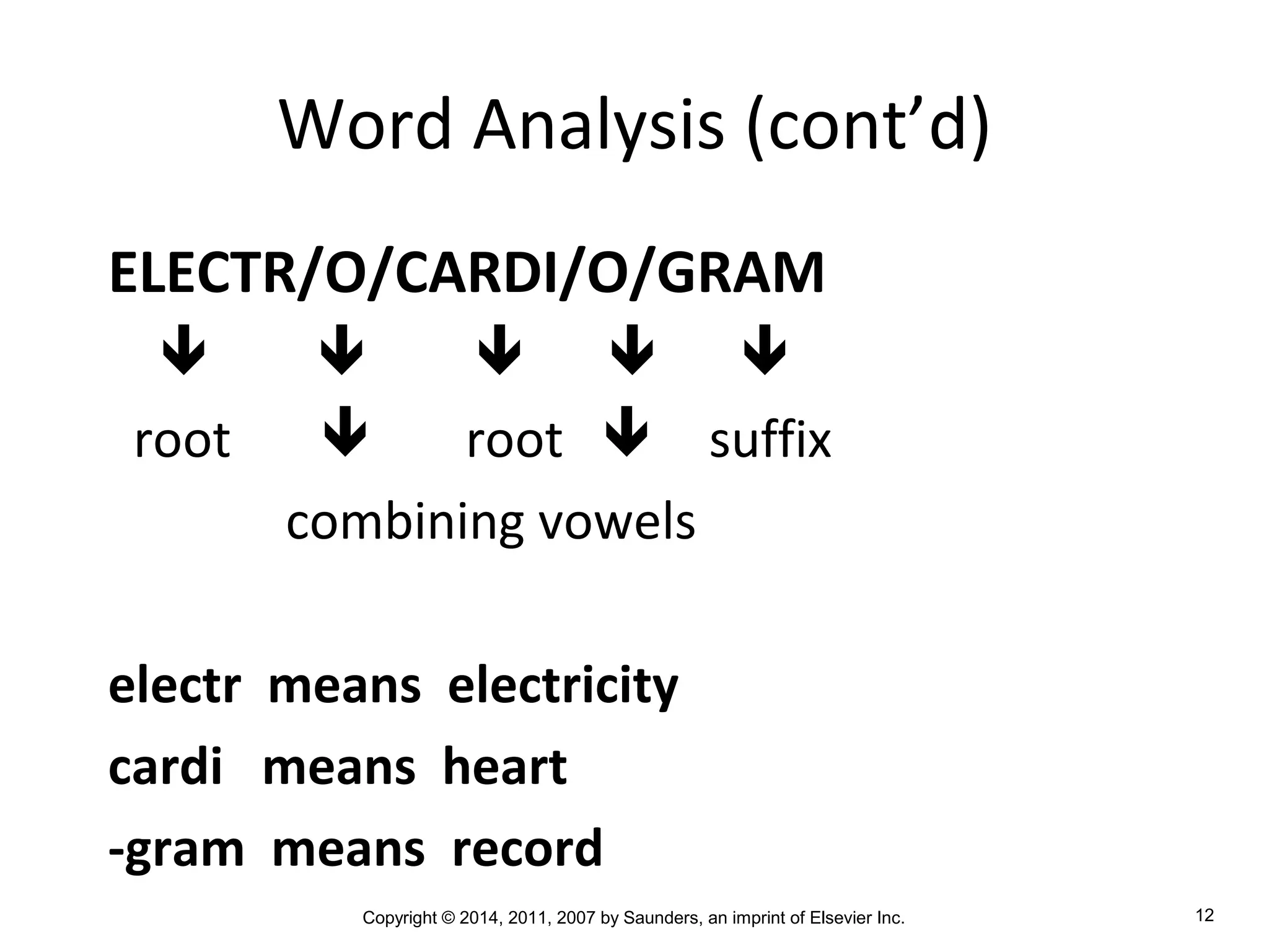 Copyright © 2014, 2011, 2007 by Saunders, an imprint of Elsevier Inc. 12
Word Analysis (cont’d)
ELECTR/O/CARDI/O/GRAM
    
root  root  suffix
combining vowels
electr means electricity
cardi means heart
-gram means record
 