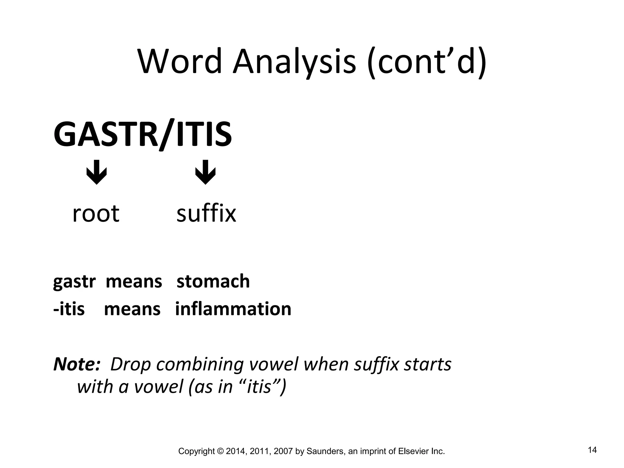 Copyright © 2014, 2011, 2007 by Saunders, an imprint of Elsevier Inc. 14
Word Analysis (cont’d)
GASTR/ITIS
 
root suffix
gastr means stomach
-itis means inflammation
Note: Drop combining vowel when suffix starts
with a vowel (as in “itis”)
 
