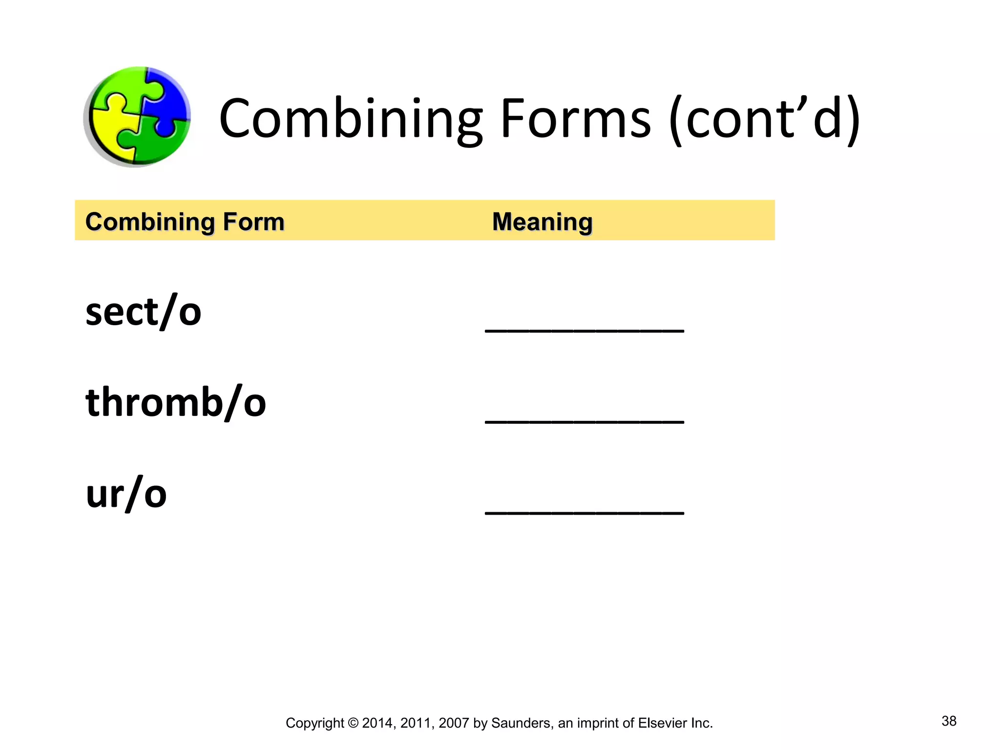 Copyright © 2014, 2011, 2007 by Saunders, an imprint of Elsevier Inc. 38
Combining Forms (cont’d)
sect/o _________
thromb/o _________
ur/o _________
Combining FormCombining Form MeaningMeaning
 