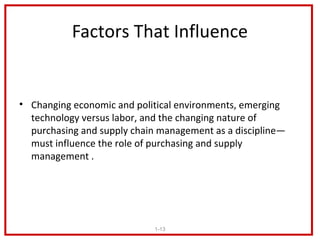 Factors That Influence


• Changing economic and political environments, emerging
  technology versus labor, and the changing nature of
  purchasing and supply chain management as a discipline—
  must influence the role of purchasing and supply
  management .




                            1-13
 