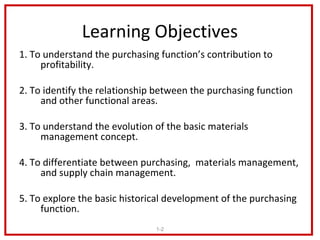 Learning Objectives
1. To understand the purchasing function’s contribution to
     profitability.

2. To identify the relationship between the purchasing function
     and other functional areas.

3. To understand the evolution of the basic materials
     management concept.

4. To differentiate between purchasing, materials management,
     and supply chain management.

5. To explore the basic historical development of the purchasing
     function.
                               1-2
 
