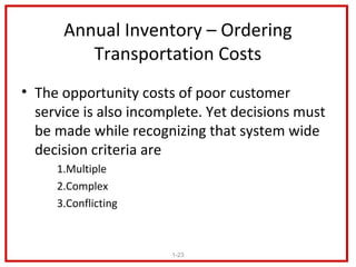 Annual Inventory – Ordering
         Transportation Costs
• The opportunity costs of poor customer
  service is also incomplete. Yet decisions must
  be made while recognizing that system wide
  decision criteria are
     1.Multiple
     2.Complex
     3.Conflicting



                       1-23
 