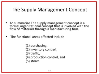 The Supply Management Concept

• To summarize The supply management concept is a
  formal organizational concept that is involved with the
  flow of materials through a manufacturing firm.

• The functional areas affected include

             (1) purchasing,
             (2) inventory control,
             (3) traffic,
             (4) production control, and
             (5) stores

                            1-35
 