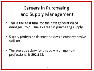 Careers in Purchasing
         and Supply Management
• This is the best time for the next generation of
  managers to pursue a career in purchasing supply

• Supply professionals must possess a comprehensive
  skill set

• The average salary for a supply management
  professional is $92,165.


                         1-36
 
