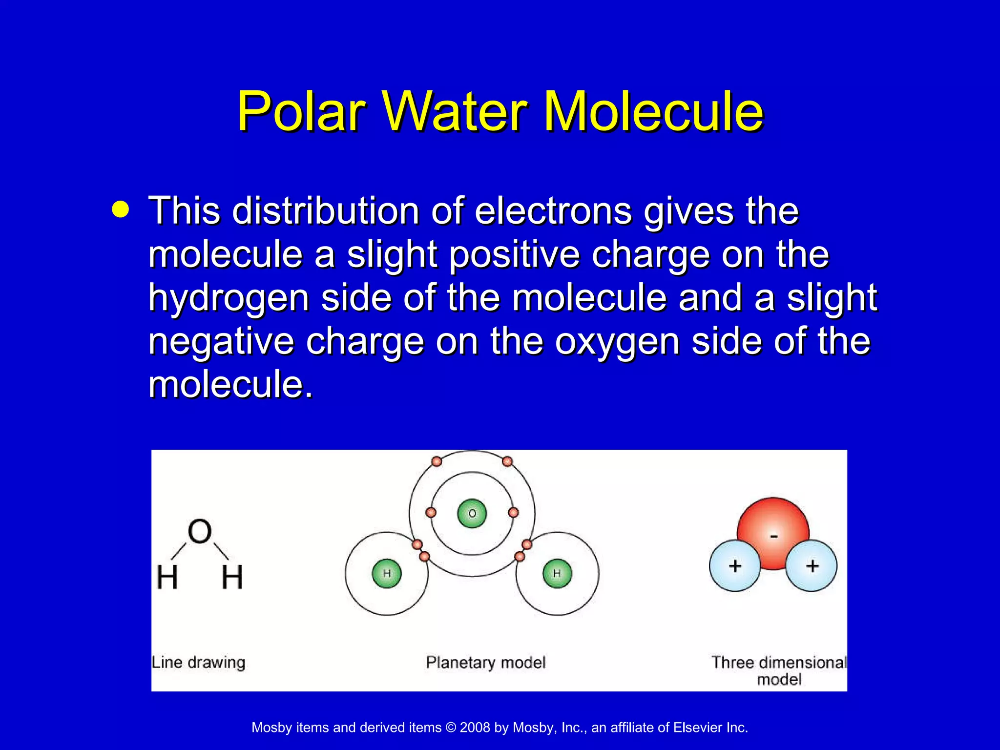 Polar Water Molecule This distribution of electrons gives the molecule a slight positive charge on the hydrogen side of the molecule and a slight negative charge on the oxygen side of the molecule.   