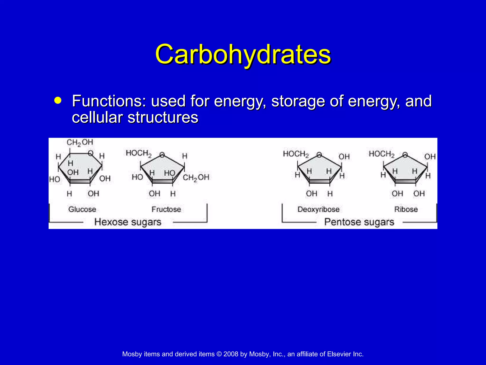 Carbohydrates Functions: used for energy, storage of energy, and cellular structures 