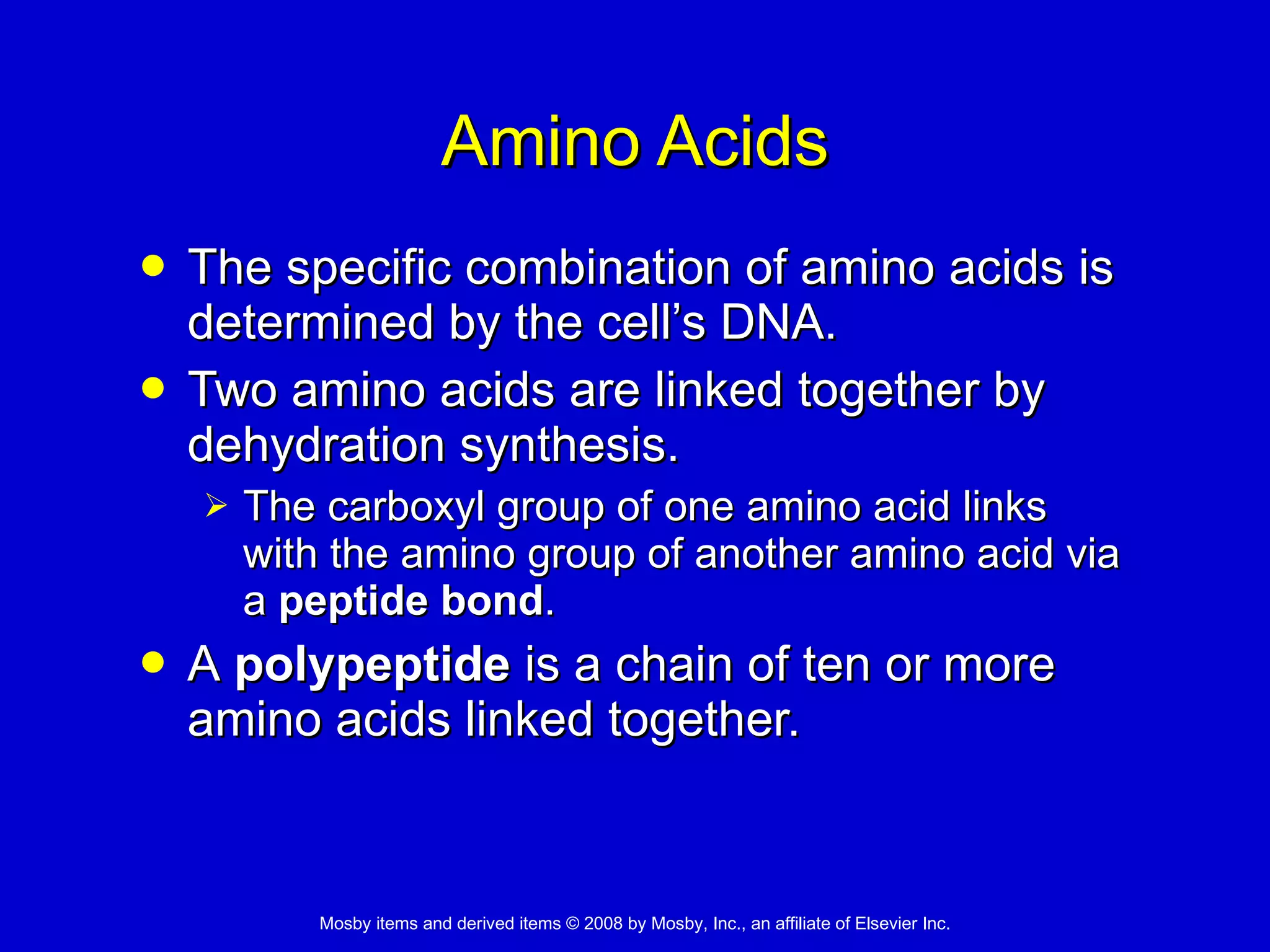 Amino Acids The specific combination of amino acids is determined by the cell’s DNA.  Two amino acids are linked together by dehydration synthesis.  The carboxyl group of one amino acid links with the amino group of another amino acid via a  peptide bond . A  polypeptide  is a chain of ten or more amino acids linked together.  