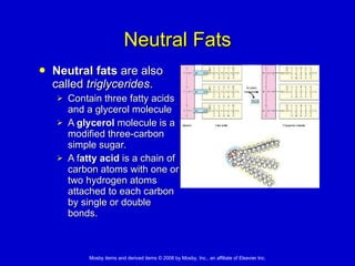 Neutral Fats Neutral fats  are also called  triglycerides .  Contain three fatty acids and a glycerol molecule  A  glycerol  molecule is a modified three-carbon simple sugar. A f atty acid  is a chain of carbon atoms with one or two hydrogen atoms attached to each carbon by single or double bonds.  