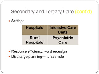 Secondary and Tertiary Care (cont’d)
 Settings

Hospitals
Rural
Hospitals

Intensive Care
Units
Psychiatric
Care

 Resource efficiency, word redesign
 Discharge planning—nurses’ role

 