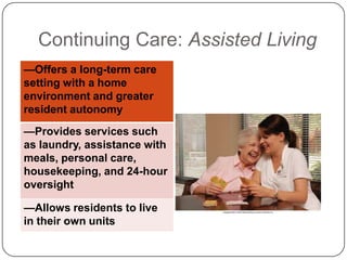Continuing Care: Assisted Living
—Offers a long-term care
setting with a home
environment and greater
resident autonomy
—Provides services such
as laundry, assistance with
meals, personal care,
housekeeping, and 24-hour
oversight
—Allows residents to live
in their own units

 