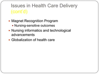 Issues in Health Care Delivery
(cont’d)
 Magnet Recognition Program
 Nursing-sensitive outcomes

 Nursing informatics and technological

advancements
 Globalization of health care

 