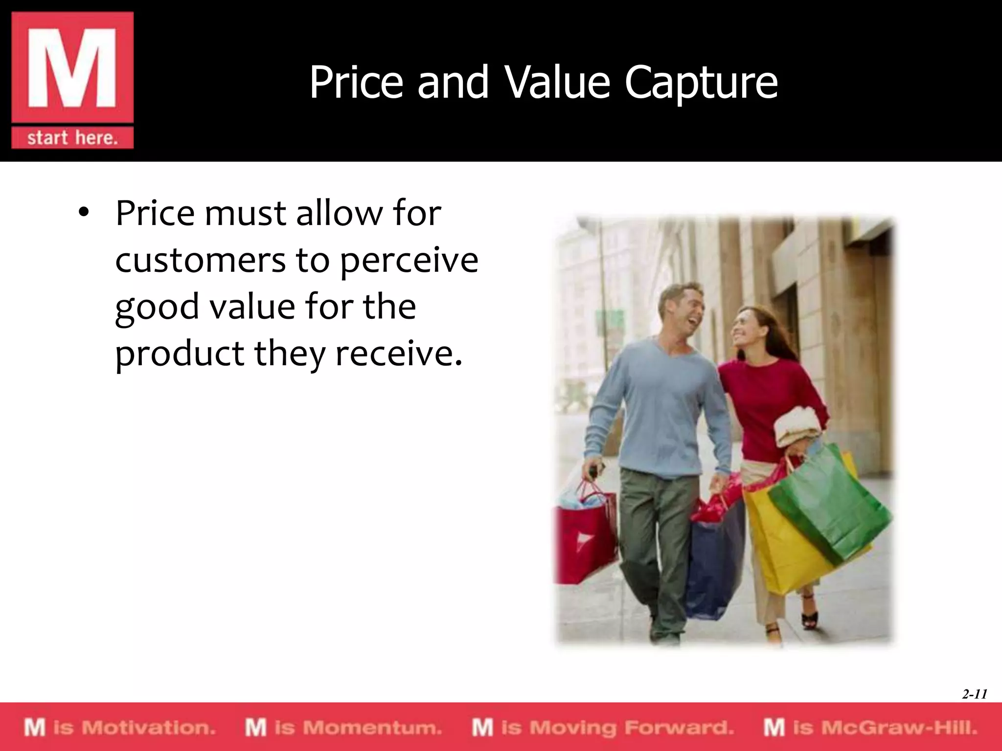 Price and Value Capture
• Price must allow for
customers to perceive
good value for the
product they receive.

2-11

 